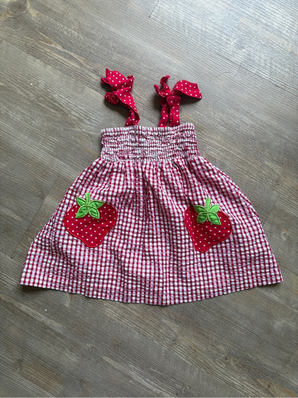 Red & White Gingham Baby Dress 12–18M | Strawberry Appliqué